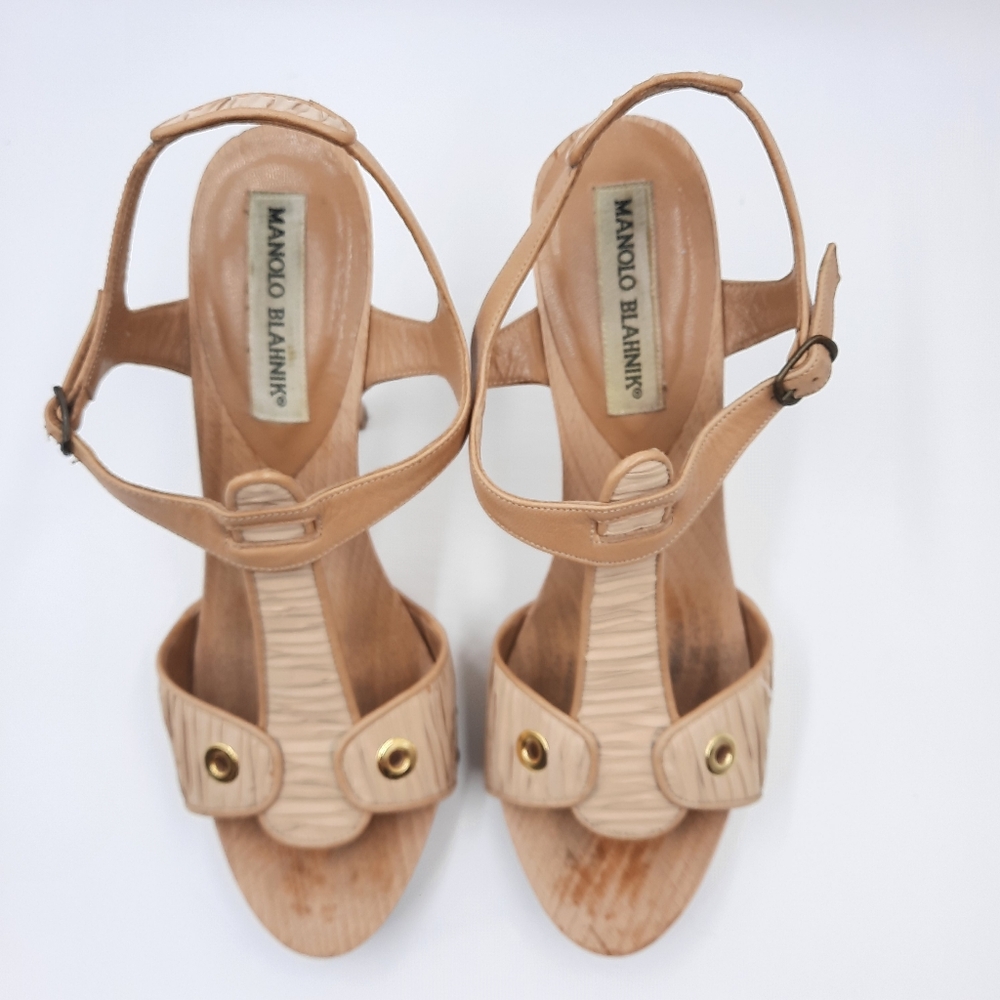 MANOLO BLAHNIK Y2K Wood Platform Sandal Heel Bohemian Coquette 70s Tan 37 EU - Picture 12 of 14